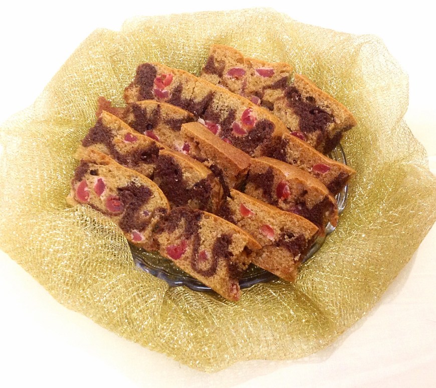 Eggless Healthy Whole Wheat Choco Cherry Marble Cake